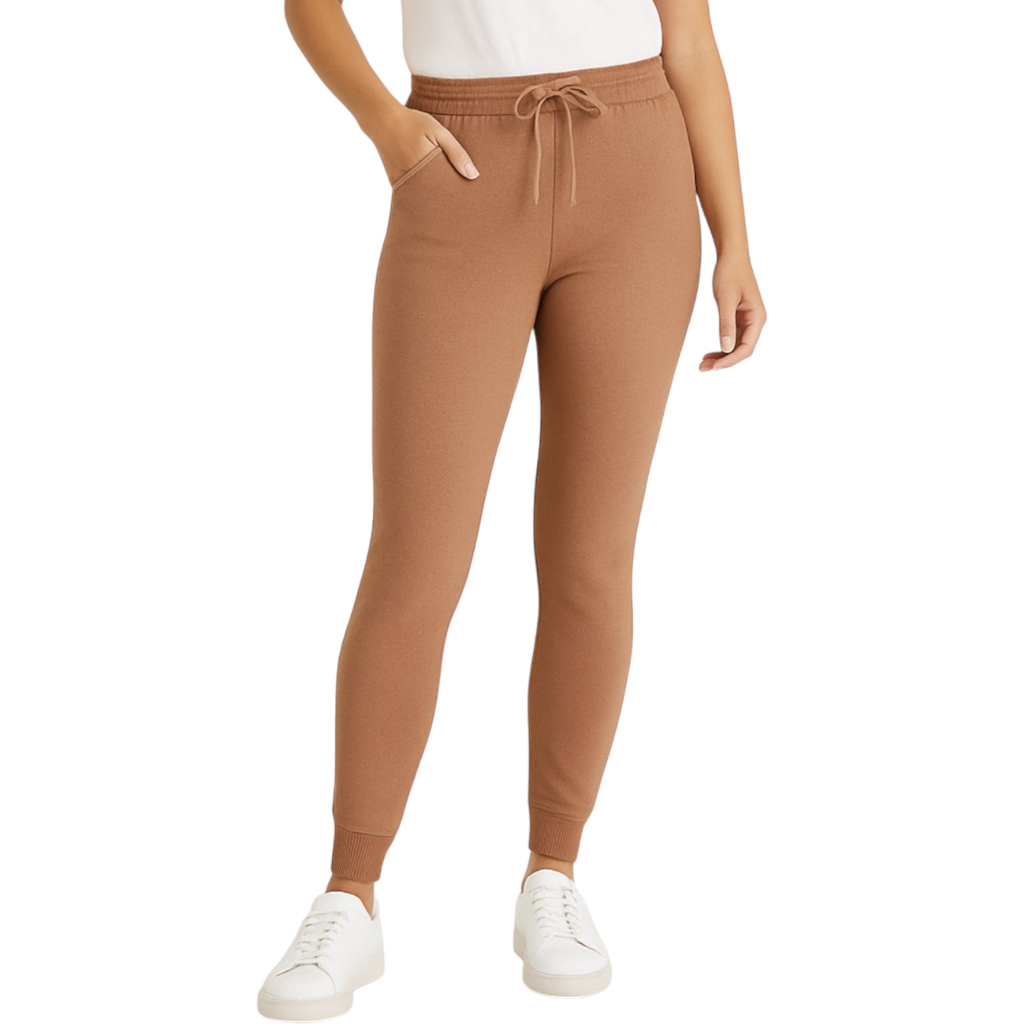 Ladies mushroom brown soft touch joggers with drawstring waist and cuffed ankles stylish loungewear trousers